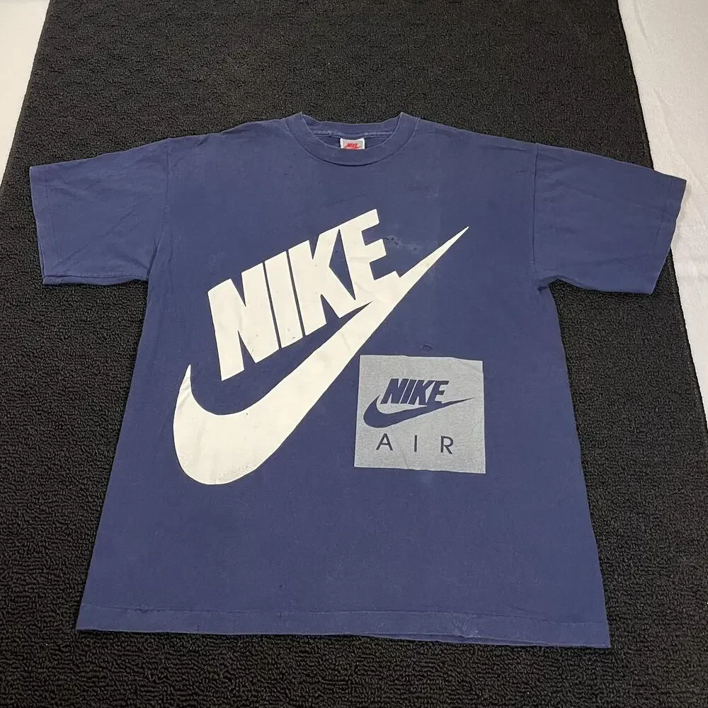 Vintage Nike Shirt Mens Large Blue Big Swoosh Air Spell Out Made USA 80s Tee